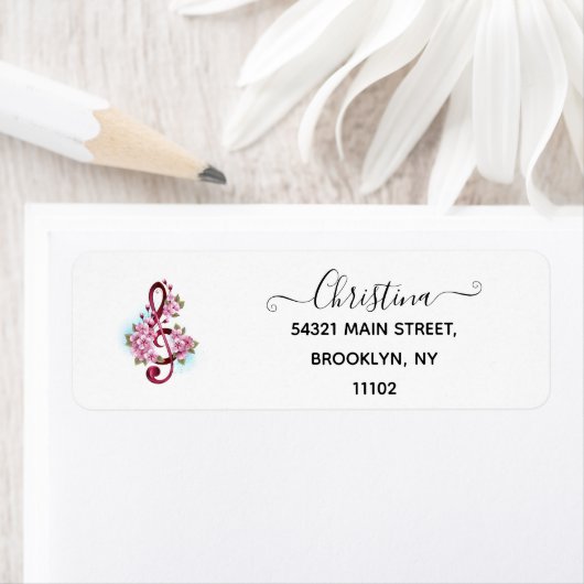 ミュージカル高音クレフ、 音符記号ノートと桜花 ラベル (インサイチュ)