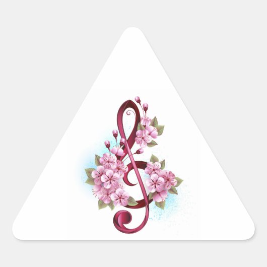 ミュージカル高音クレフ、 音符記号ノートと桜花 三角形シール (正面)