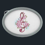 ミュージカル高音クレフ、 音符記号ノートと桜花 卵形バックル<br><div class="desc">繊細で詳細なピンクのクレフ、 音符記号とピンクの日本のさくらんぼが白い背景の上に薄い青と絵を描に白い背景の上に咲くピックのトレブルの絵を描。ブルーミング桜。</div>