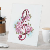 ミュージカル高音クレフ、 音符記号ノートと桜花 台座サイン (インサイチュ)