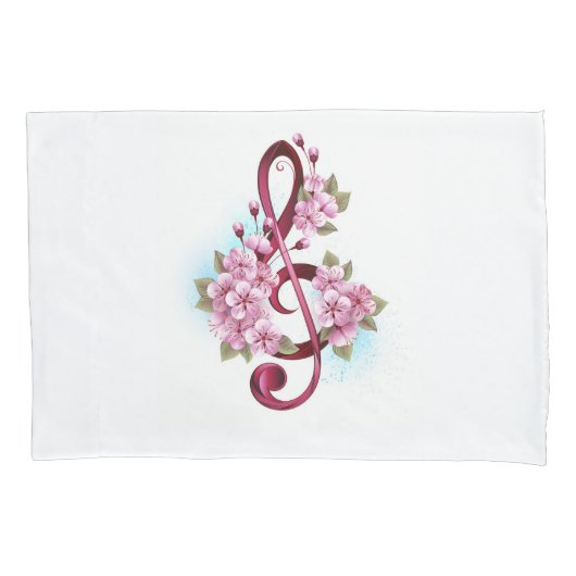 ミュージカル高音クレフ、 音符記号ノートと桜花 枕カバー (正面)