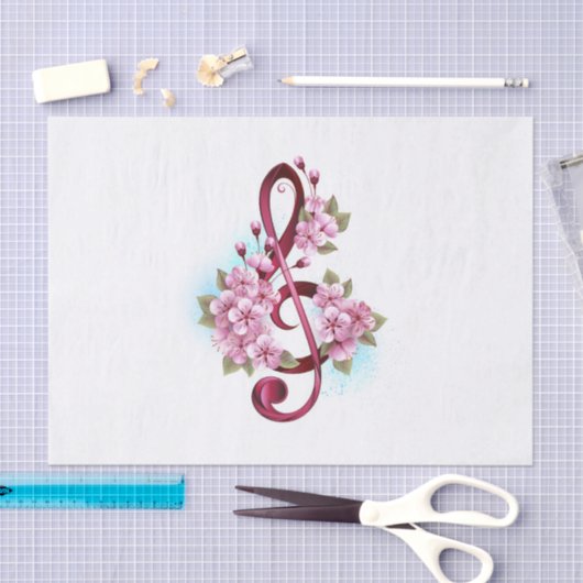 ミュージカル高音クレフ、 音符記号ノートと桜花 薄葉紙 (クラフト)