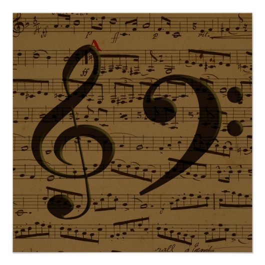 ミュージカル高音クレフ、 音符記号楽譜クラシック ポスター (正面)