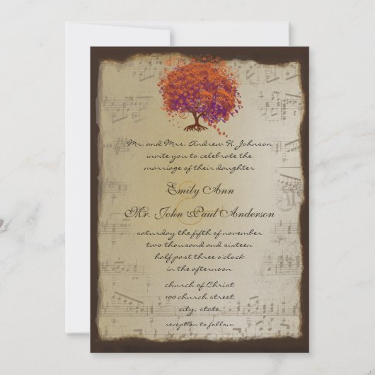 ミュージカル ゴールド オレンジ プラム ハート リーフ ツリー ウェディング 招待状 (正面)