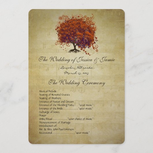 ミュージカル ゴールド ダーク コーラル ハート ツリー ウェディング プログラム (正面)