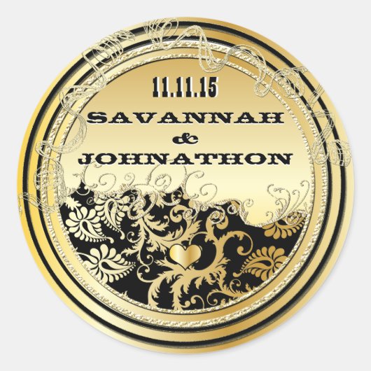 ミュージカル ブラック＆ゴールド ヴィンテージ ダマスク ウェディング ラウンドシール (正面)