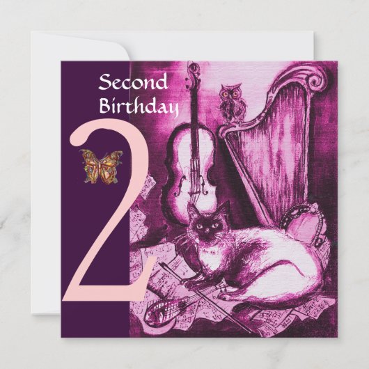 ミュージカルCATピンク明るい赤紫色第2バースデーパーティー 招待状 (正面)