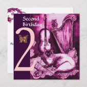 ミュージカルCATピンク明るい赤紫色第2バースデーパーティー 招待状 (正面/裏面)