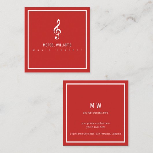 ミュージシャンの赤い名刺(ミュージカルノート付き) スクエア名刺 (正面/裏面)