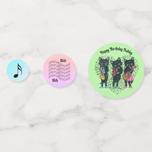 ミュージシャンをテーマにした黒猫ミュージックノート誕生日 コンフェッティ (正面)