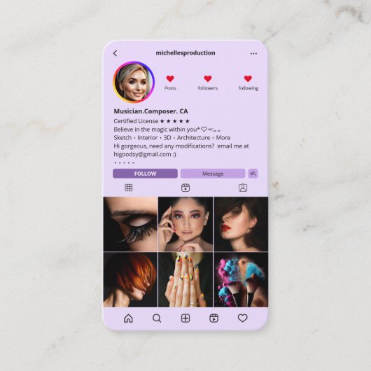 ミュージシャンシンガーコンポーザーIGライトパープルモダン 名刺 (正面)