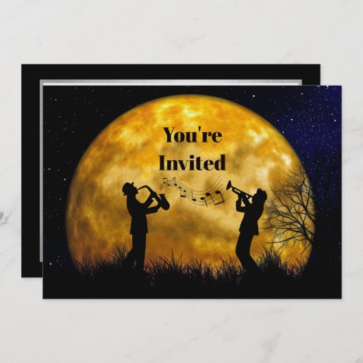 ミュージシャンフルムーンウォーターカラー誕生日 招待状 (正面/裏面)