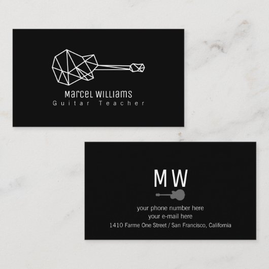 ミュージシャンブラックビジネスカードとギター 名刺 (正面/裏面)