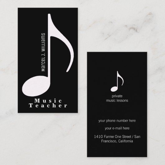 ミュージシャンブラックビジネスカードとミュージカルノート 名刺 (正面/裏面)