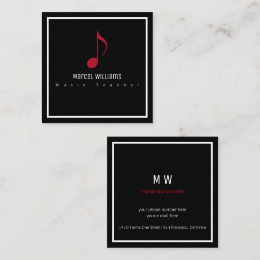 ミュージシャンブラックビジネスカード(ミュージカルノート) スクエア名刺 (正面/裏面)