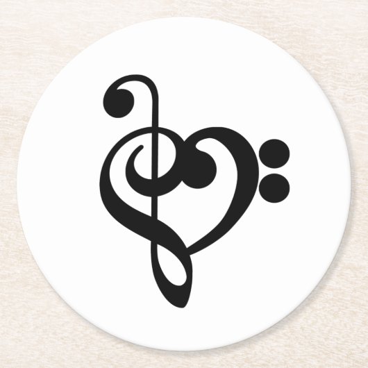 ミュージシャンミュージックハート- Treble Bassクレフ、 音符記号 ラウンドペーパーコースター (正面)