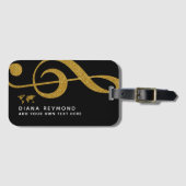 ミュージシャン旅行金ゴールドトレブルクレフ、 音符記号ブラック ラゲッジタグ (正面横)