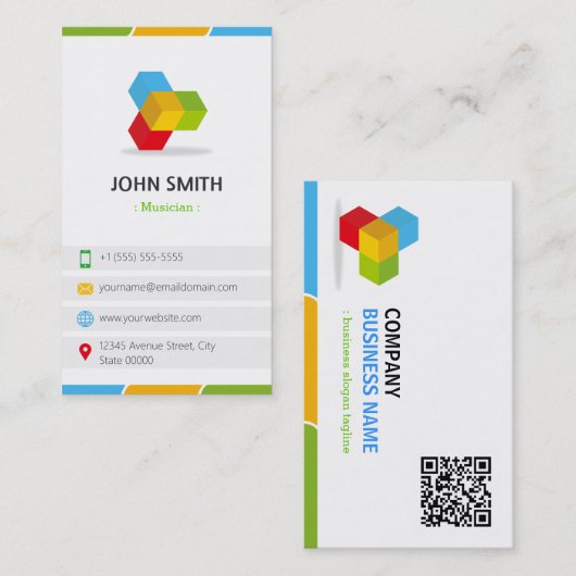 ミュージシャン- カラフル QRコード付き 名刺 (正面/裏面)