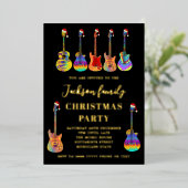 ミュージックギタークリスマスパーティーブラックと金ゴールド 箔シーズンカード (立ち正面)