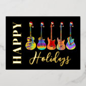 ミュージッククリスマスギターハッピーホリデーズブラック金ゴールド 箔シーズンカード (正面)