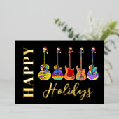 ミュージッククリスマスギターハッピーホリデーズブラック金ゴールド 箔シーズンカード (立ち正面)