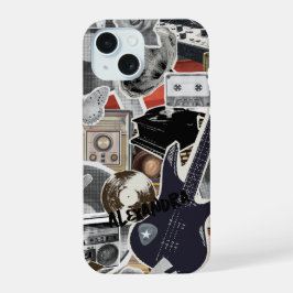 ミュージックコラージュフォンケース、レトロミュージックアートカバー iPhone 15ケース