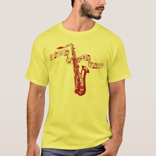 ミュージックテーマ 赤いサックス 赤い音符 - Tシャツ (正面)