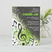 ミュージックノートスターズバー(ユダヤ教の)バル・ミツバー招待状ネオングリーン2 招待状 (スタンド正面)