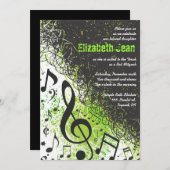 ミュージックノートスターズバー(ユダヤ教の)バル・ミツバー招待状ネオングリーン2 招待状 (正面/裏面)