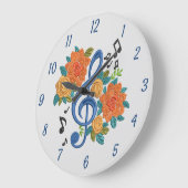 ミュージックノートミュージカルクレフ、 音符記号フローラブルーオレンジ ラージ壁時計 (傾斜)
