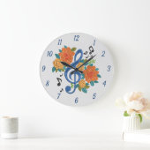 ミュージックノートミュージカルクレフ、 音符記号フローラブルーオレンジ ラージ壁時計 (ホーム)