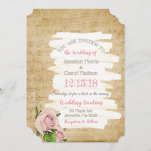 ミュージックノート&ピンクローゼスフローラ結婚式招待状 招待状 (正面/裏面)