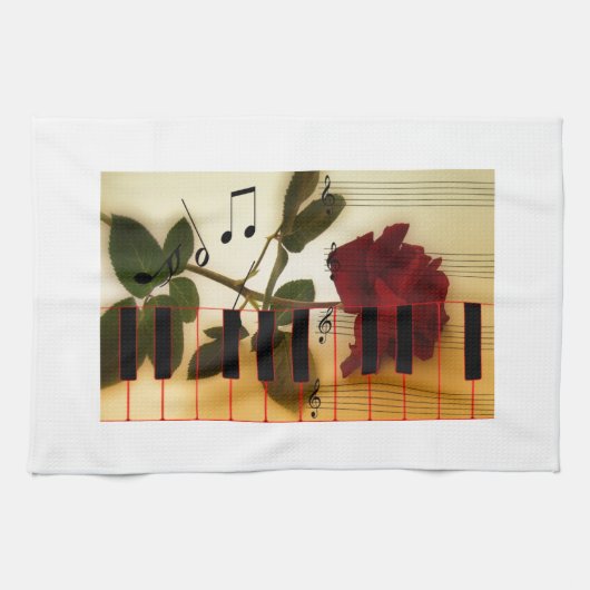 ミュージックノートKeyboard Red Rose Blossom Destiny キッチンタオル (横)