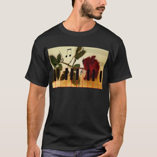 ミュージックノートKeyboard Red Rose Blossom Destiny Tシャツ (正面)
