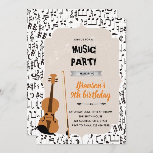 ミュージックバイオリンの誕生日パーティーテーマ招待 招待状 (正面/裏面)
