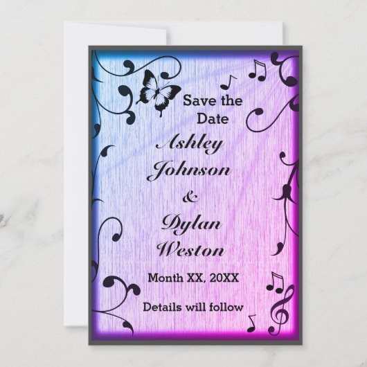 ミュージックバタフ葉ロズブルー&パープルウッド結婚ズ セーブザデート (正面)