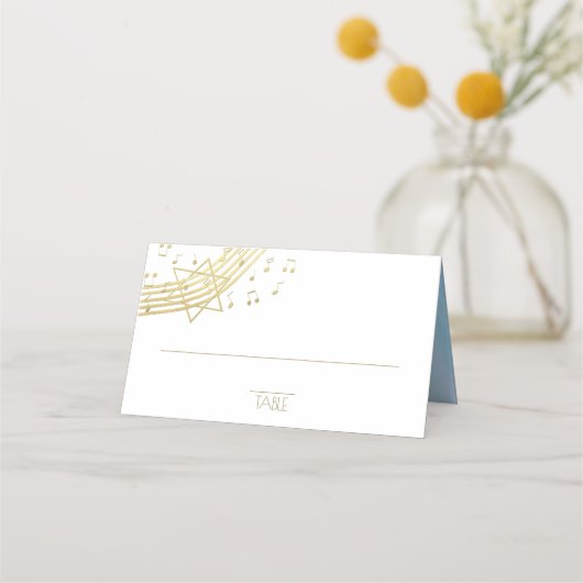 ミュージックバルミツワーブルーと金ゴールドシーティングカード プレイスカード (正面)