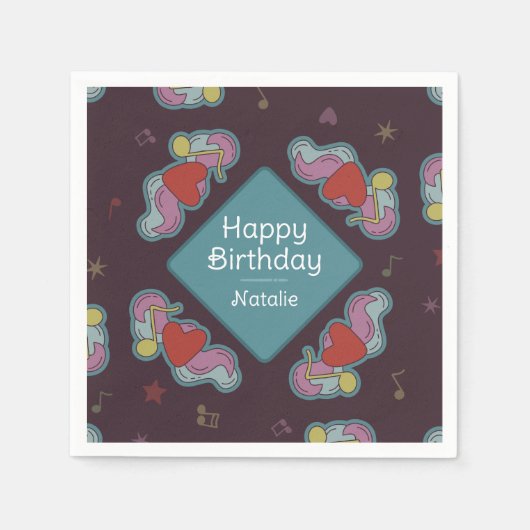 ミュージックラバードードルズテーマバースデーパーティーティール(緑がかった色) スタンダードカクテルナプキン (正面)