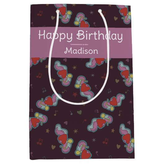 ミュージックラバードードルズテーマバースデーパーティーピンク ミディアムペーパーバッグ (正面)