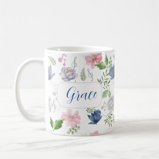 ミュージックラバーブルーピンクエレガントフローラウォーターカラー コーヒーマグカップ (左)