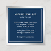 ミュージック先生ブルーシルバーフォイルドラムキットドラム スクエア名刺 (裏面)