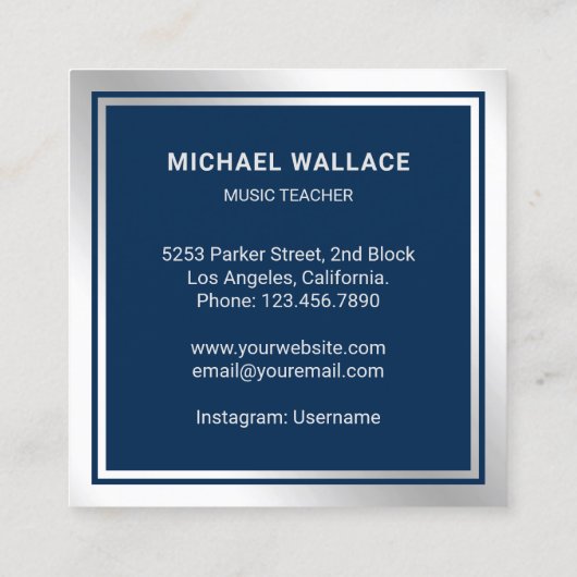 ミュージック先生ブルーシルバーフォイルドラムキットドラム スクエア名刺 (裏面)