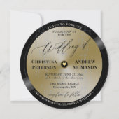 ミュージック テーマ ヴィンテージ ビニール ゴールド ディスク モダン ウェディング 招待状 (正面)