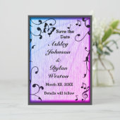 ミュージック バタフライ リーブス ブルー & パープル ウッド ウェディング セーブザデート (スタンド正面)