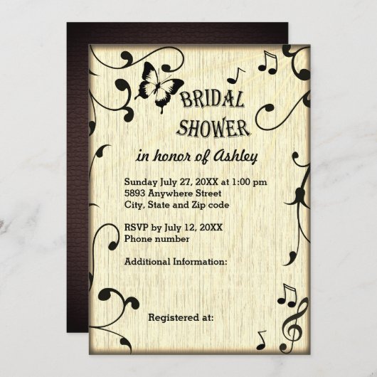 ミュージック、バタフライ、葉ズTan Woodブライダルシャワー 招待状 (正面/裏面)