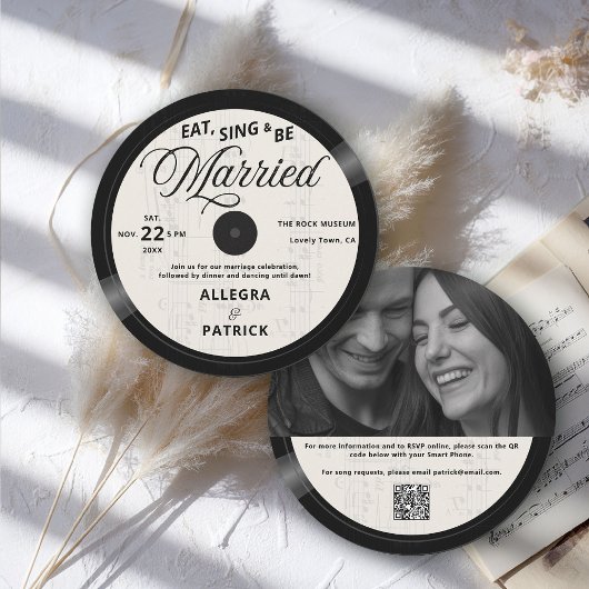 ミュージック ヴィニール アイボリー ブラック オールインワン フォト QR ウェディング 招待状