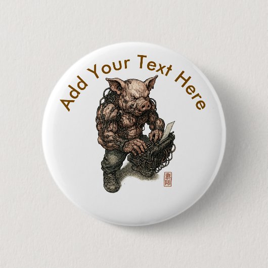 ミュータントピグウォリアー – サイバパンクブッチャーとチェーン 缶バッジ (正面)