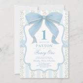 ミューテッドブルーボウ ヴィンテージフローラル 1歳の誕生日パーティー 招待状 (正面)