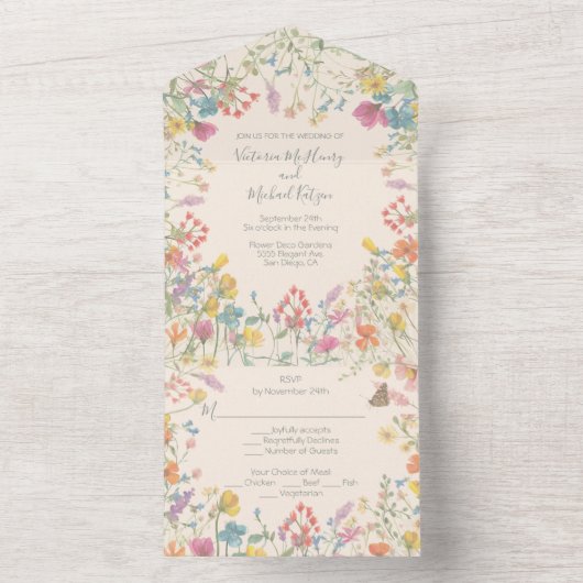 ミューテッド ワイルドフラワー デリケート ボヘミアンフローラル ウェディング オールインワン招待状 (内側)