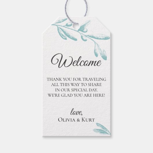 ミュートされたオリーブの枝結婚の歓迎バッグ ギフトタグ (正面)